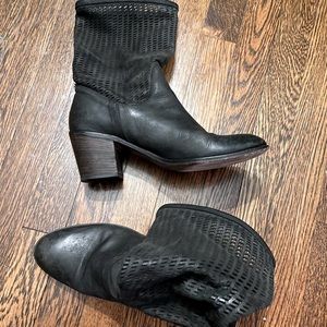 Black leather, slouchy, perforated shaft, chunky 3” heel.